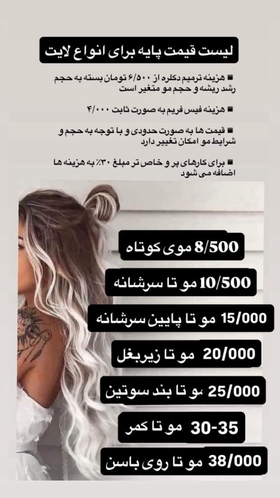 لیست قیمت انواع لایت مو سالن مصی